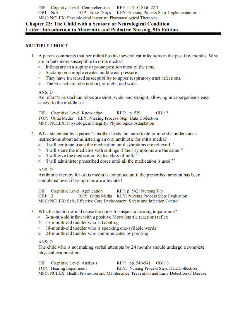 Test Bank Introduction to Maternity and Pediatric Nursing 9th Edition