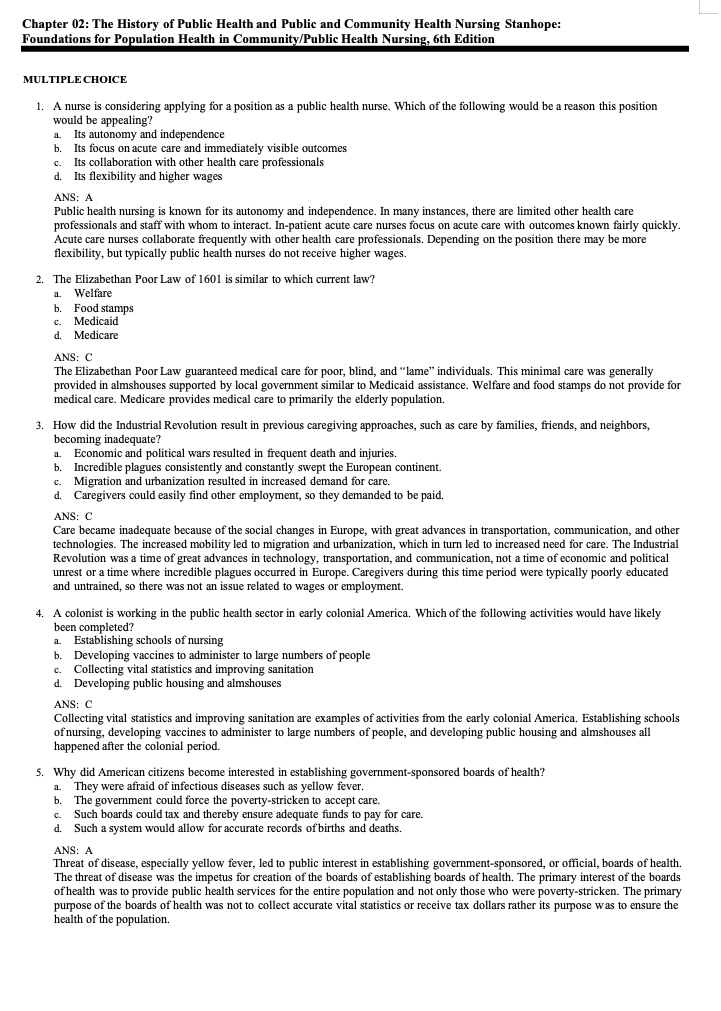 Test Bank Foundations for Population Health in Community Public Health Nursing 6th Edition by Stanhope