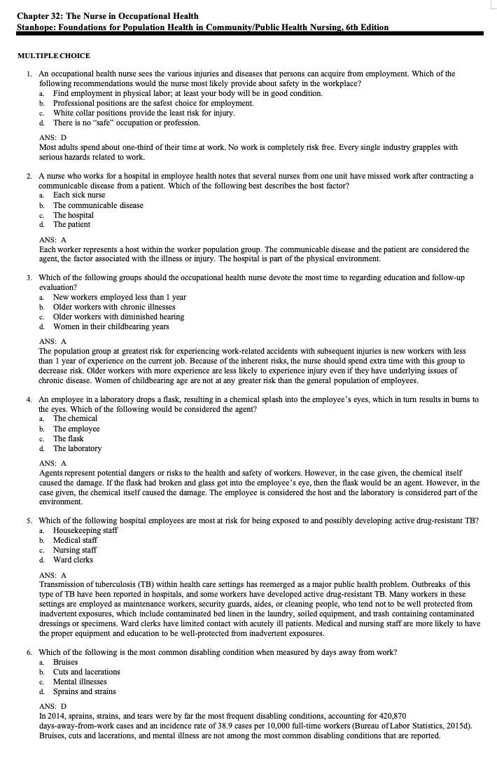 Test Bank Foundations for Population Health in Community Public Health Nursing 6th Edition by Stanhope