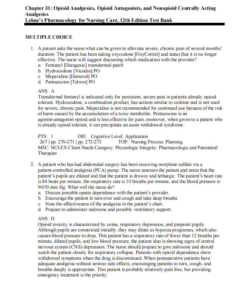 Test Bank Lehne’s Pharmacology for Nursing Care 12th Edition