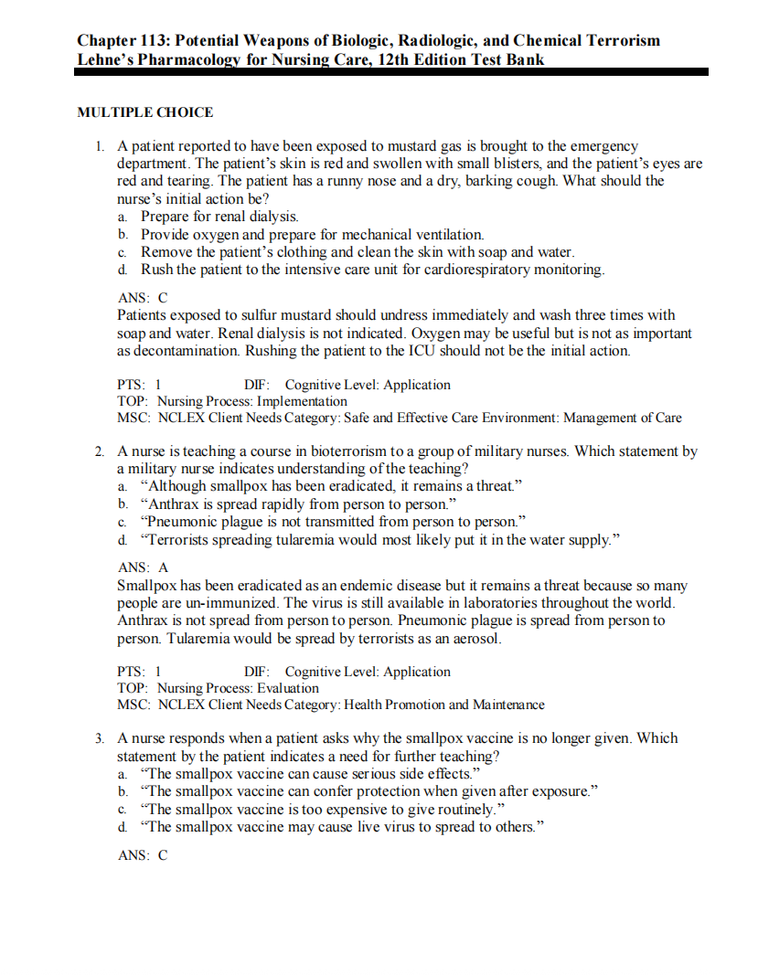 Test Bank Lehne’s Pharmacology for Nursing Care 12th Edition