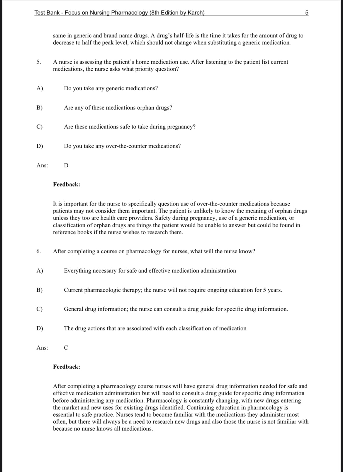 Test Bank for Focus on Nursing Pharmacology, 8th Edition by Amy M. Karch