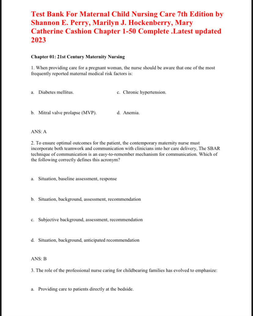 Test Bank Maternal Child Nursing Care 7th by Perry