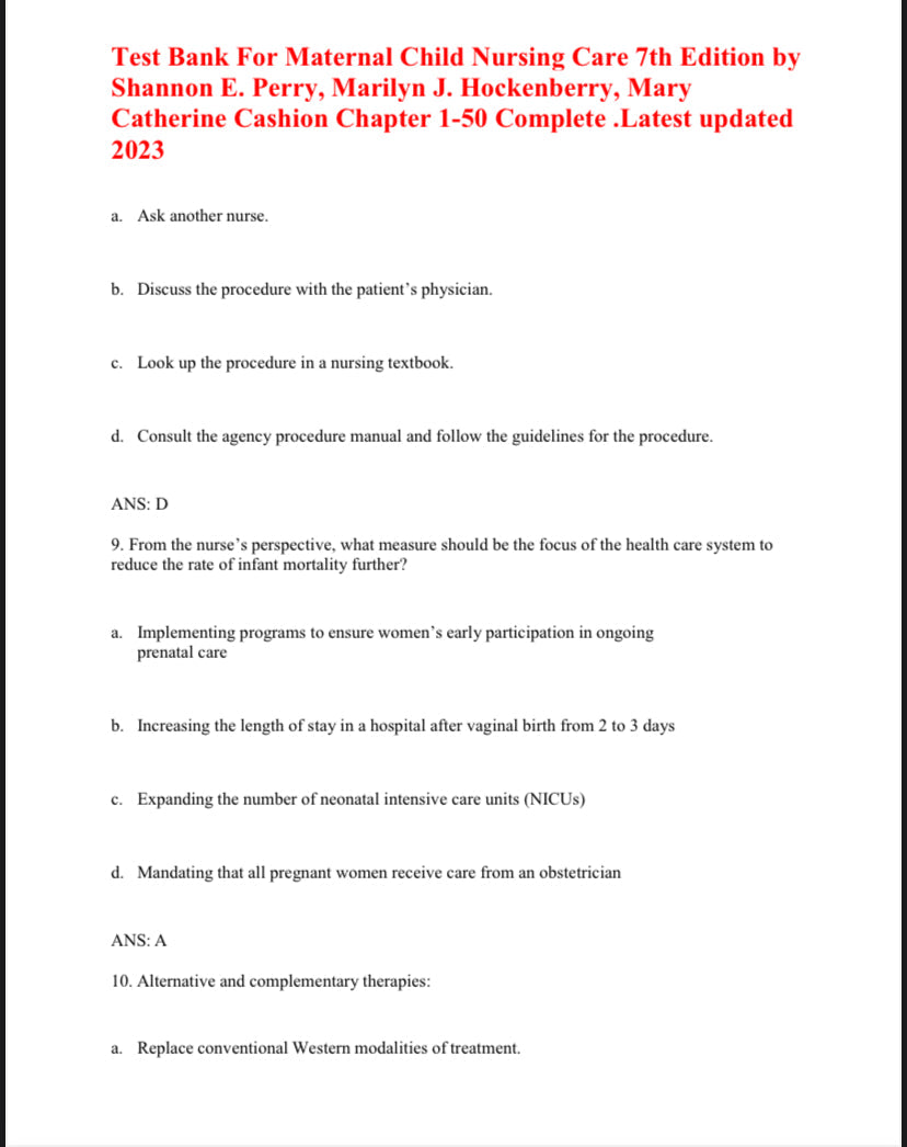 Test Bank For Maternal Child Nursing Care 7th Edition by Perry