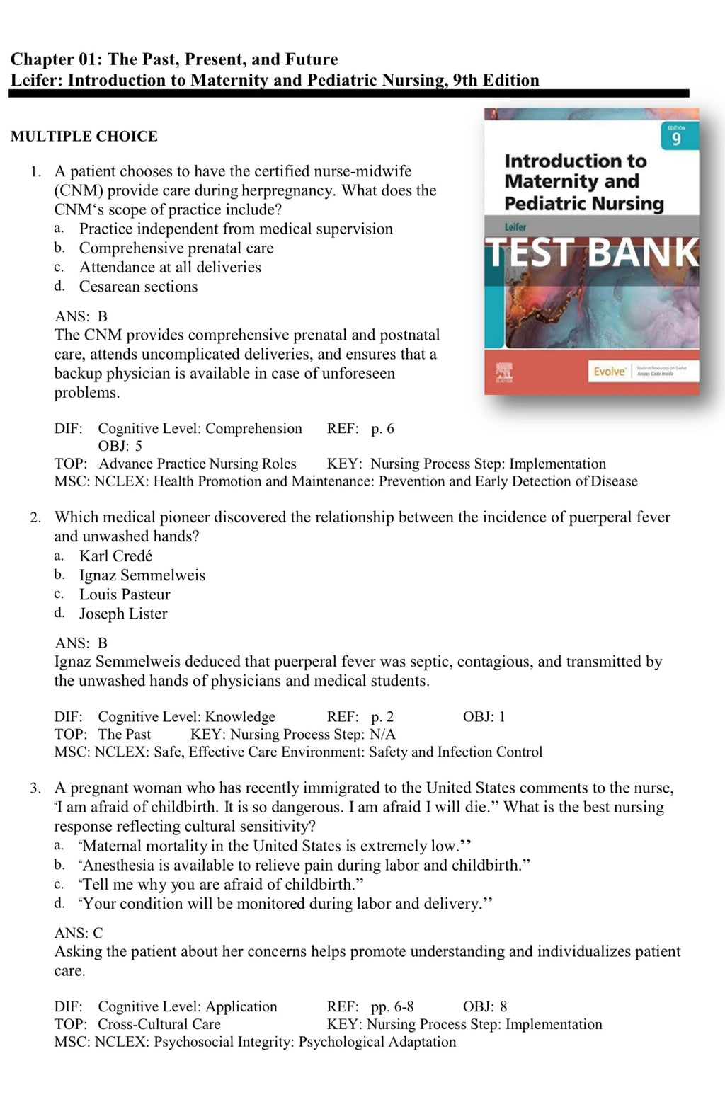 TEST BANK Introduction to Maternity and Pediatric Nursing 9th Edition Leifer