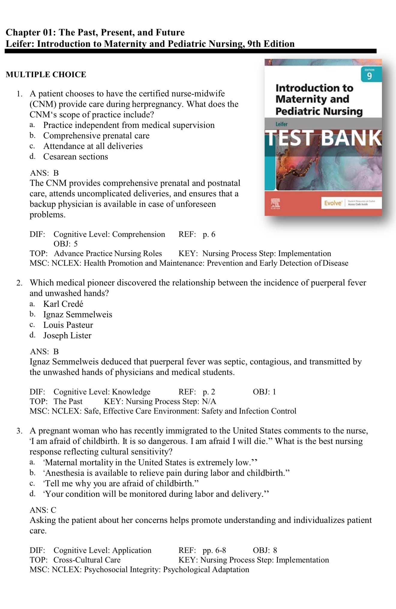 TEST BANK Introduction to Maternity and Pediatric Nursing 9th Edition Leifer