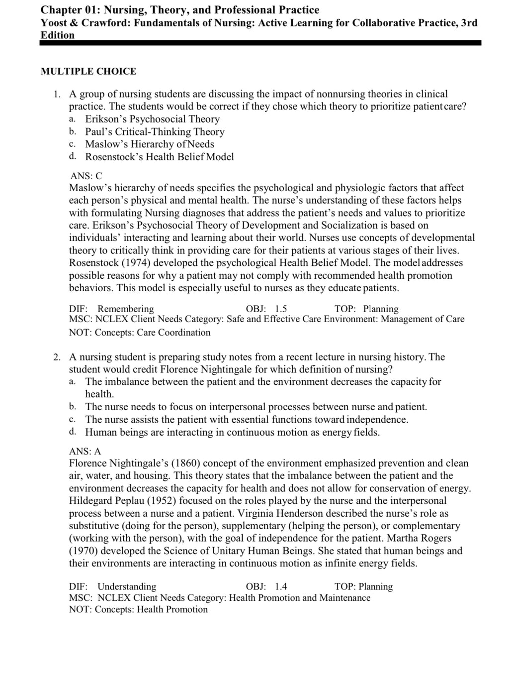 Test bank Fundamentals of Nursing Active Learning for Collaborative Practice 3rd Edition Yoost