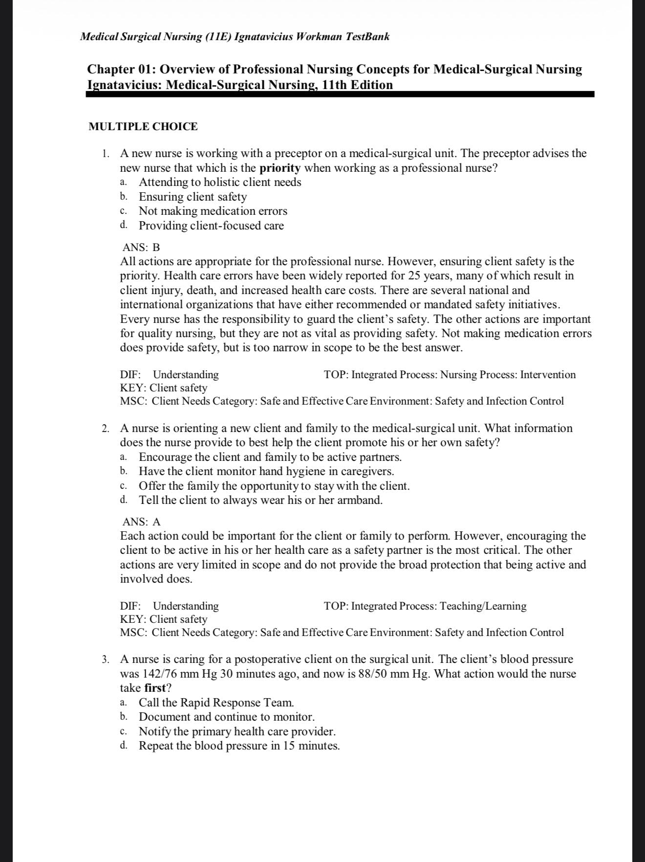 Test bank MEDICAL SURGICAL NURSING:CONCEPTS FOR CLINICAL JUDGEMENT AND COLLABORATIVE CARE 11TH EDITION IGNATAVICIUS