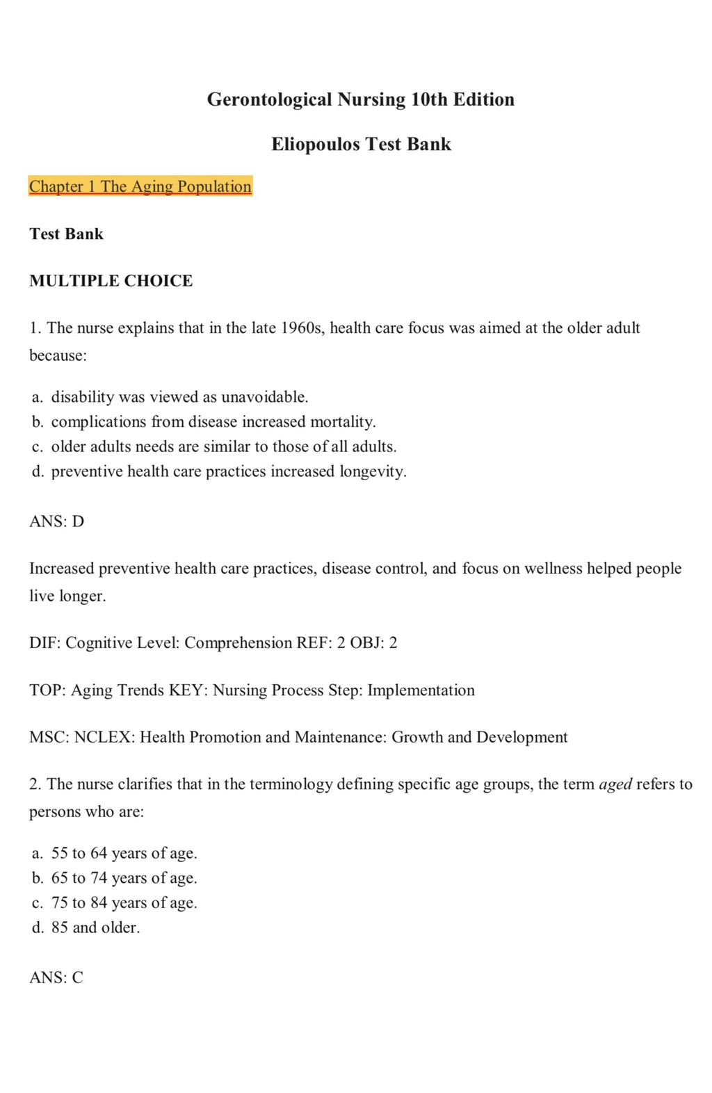 TEST BANK Gerontological Nursing 10th Edition Eliopoulos