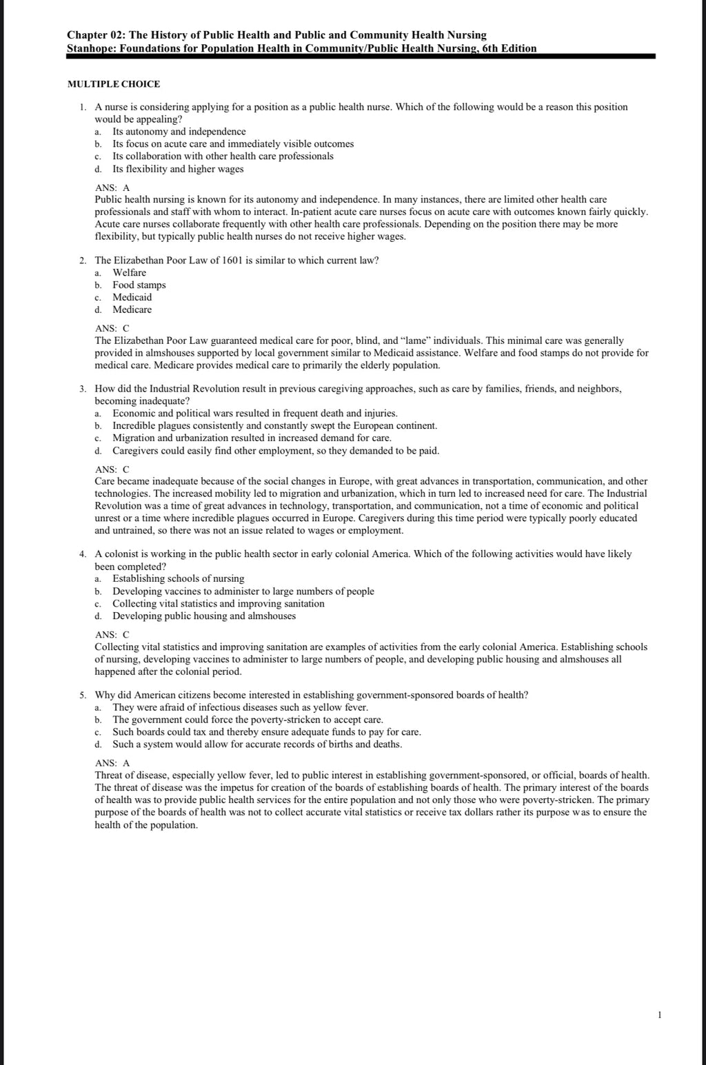 TEST BANK Foundations for Population Health in Community/Public Health Nursing, 6th Edition