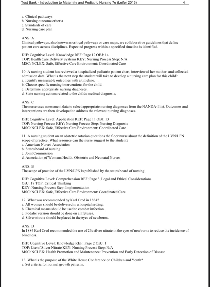 Test Bank Introduction to Maternity and Pediatric Nursing 7th Edition by Leifer
